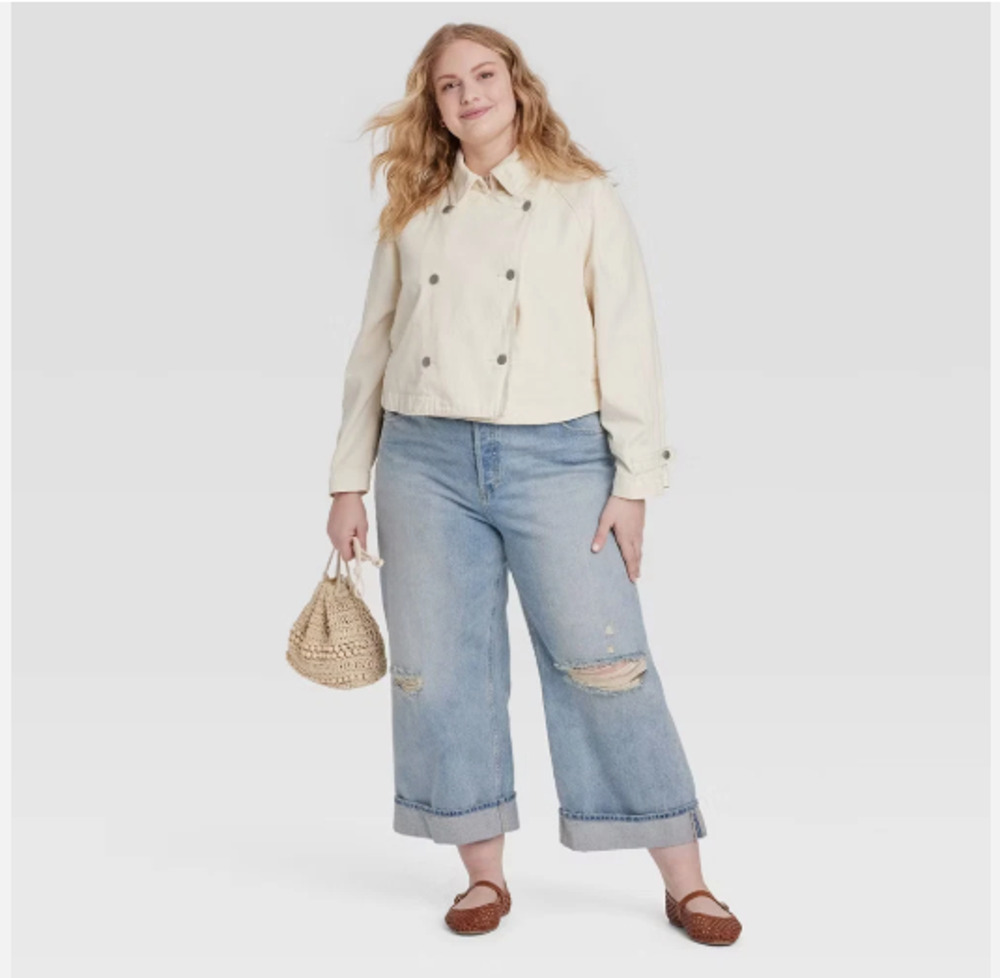 Denim Cropped Trench Jacket Sz LARGE Off White NWT Universal Thread Reg $40
